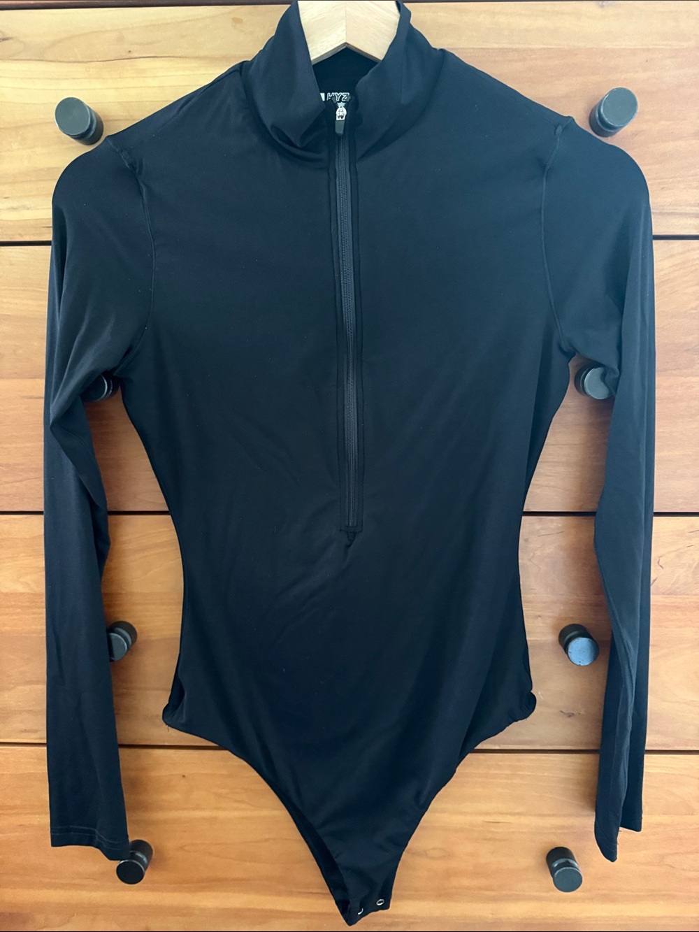 HYZ Black Long Sleeve Half Zip Front Thong Bodysuit NWOT Size S